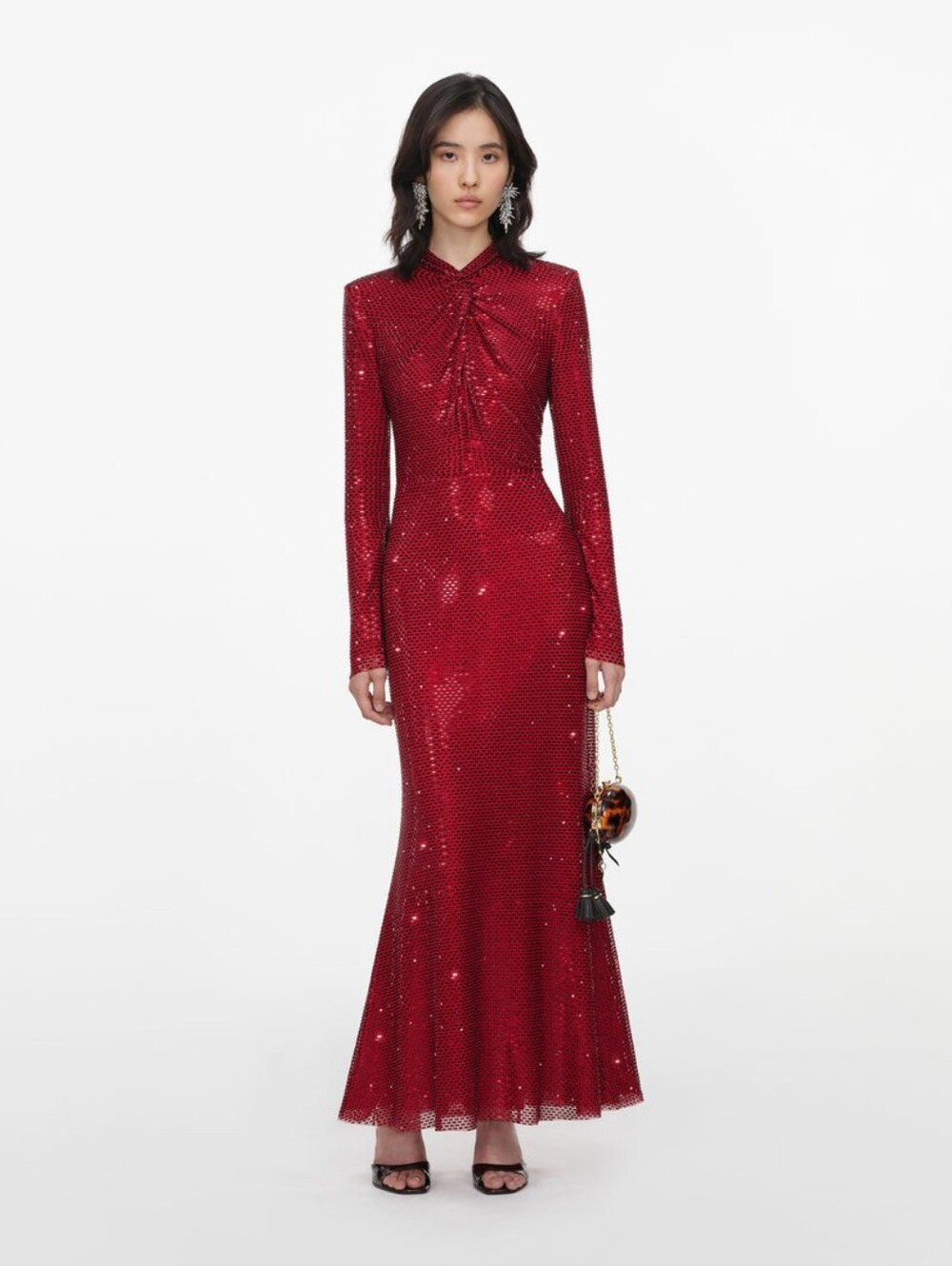 Self Portrait Red Rhinestone Mesh Twist Midi Dress
